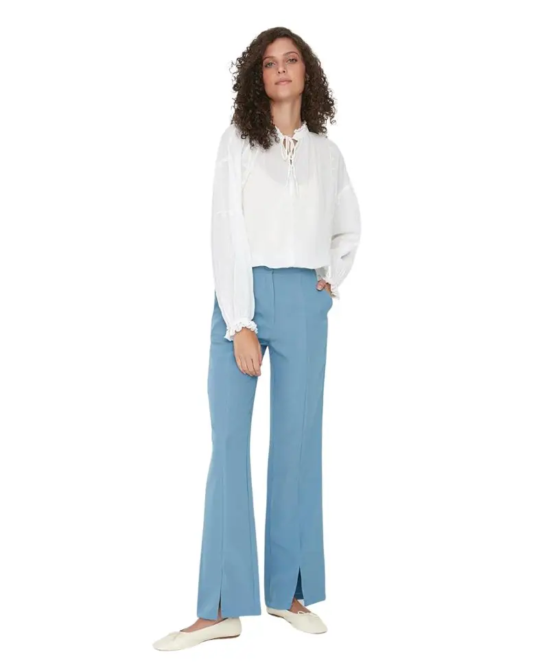 Mavi Yüksek Bel Yırtmaç Detaylı Cepli Dokuma Pantolon Mavi Yüksek Bel Yırtmaç Detaylı Cepli Dokuma Pantolon