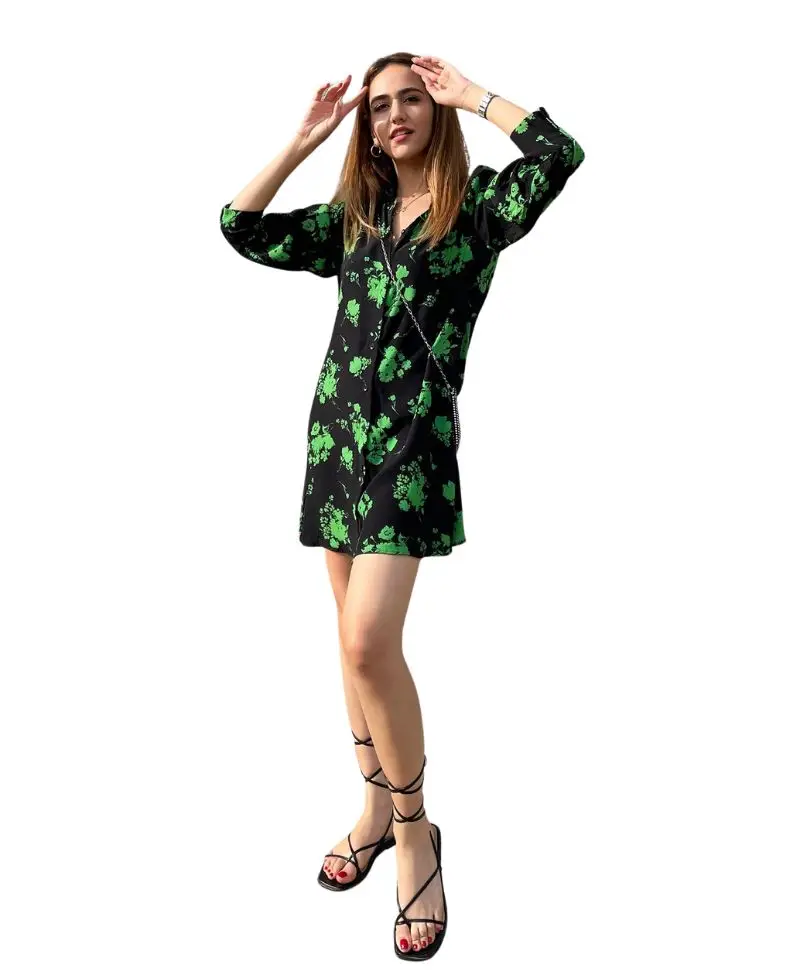 Desenli Mini Gömlek Elbise Kadın