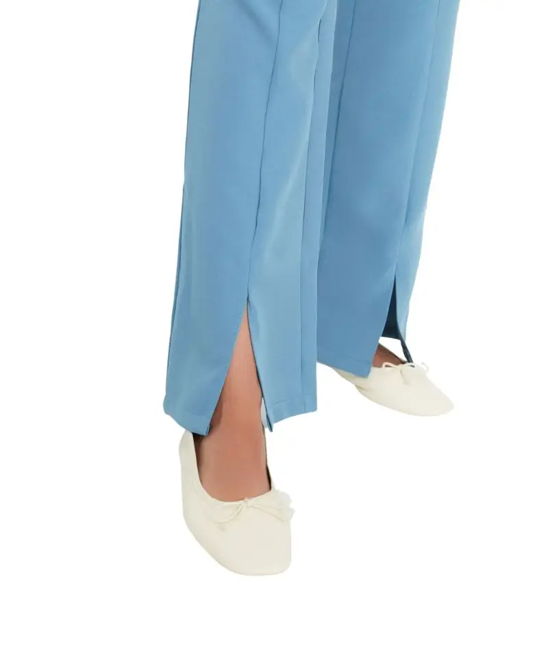 Mavi Yüksek Bel Yırtmaç Detaylı Cepli Dokuma Pantolon