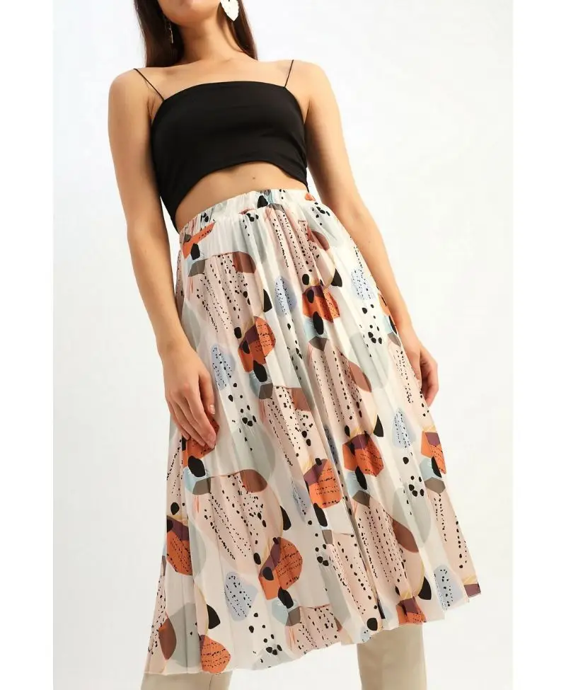 Desenli Piliseli Midi Etek Ekru 