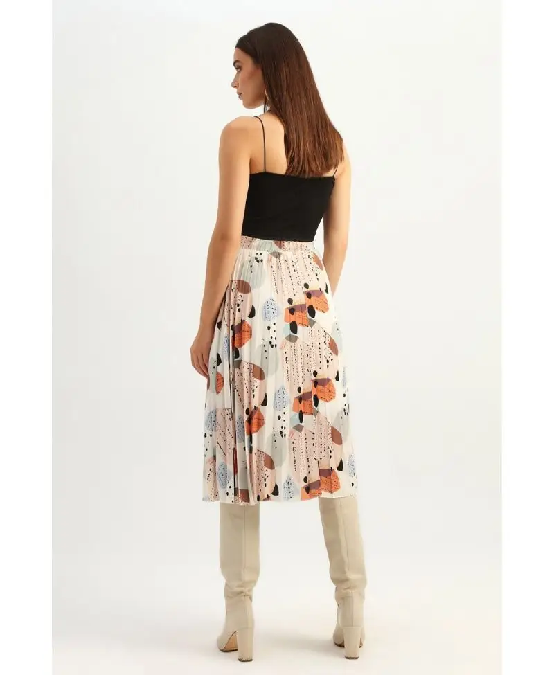 Desenli Piliseli Midi Etek Ekru 